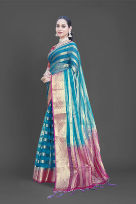 Aarunika IC Striped, Woven Bollywood Organza Saree(Green)