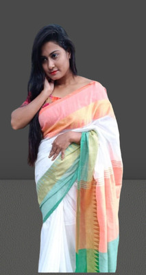 saree star Self Design Handloom Cotton Blend Saree(White)
