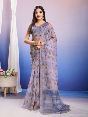 Tasrika Floral Print Bollywood Organza Saree(Purple)