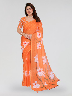 Moda Rapido Floral Print Bollywood Cotton Blend Saree(Orange)