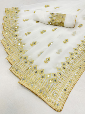 Disha Fashion Embellished Banarasi Georgette, Silk Blend Saree(White)