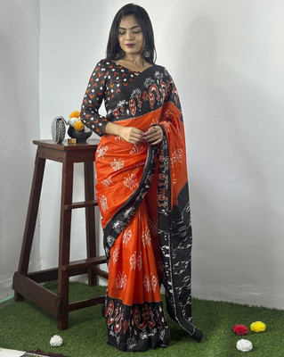 romakrishto Printed Hand Batik Pure Cotton Saree(Orange)