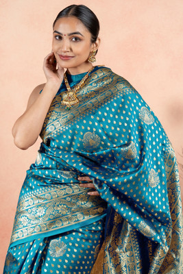SUBHAM Woven, Embellished Banarasi Silk Blend Saree(Light Blue, Gold)