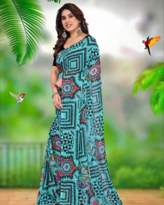 JAYAMENTERPRISE Digital Print, Self Design, Printed Bollywood Georgette Saree(Light Blue)