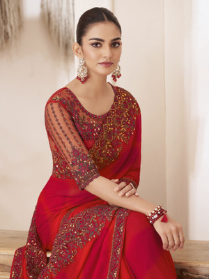 Sareemall Embellished Bollywood Satin Saree(Red)
