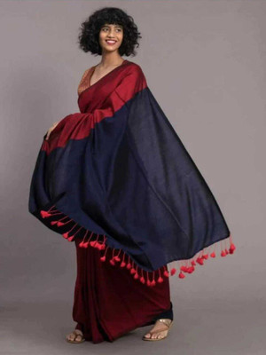 PARTHA BISWAS Solid/Plain Handloom Cotton Blend Saree(Red)