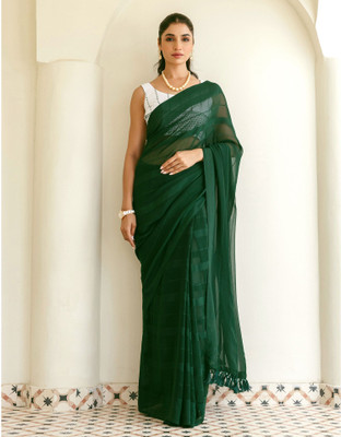SIRIL Self Design, Woven, Striped Bollywood Georgette Saree(Dark Green)