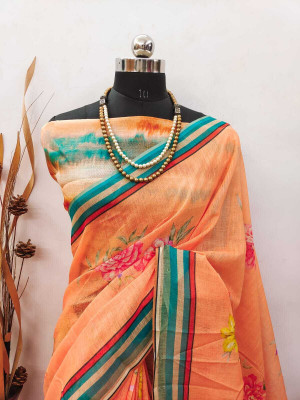 HouseOfCommon Self Design Bollywood Linen, Cotton Linen Saree(Orange)