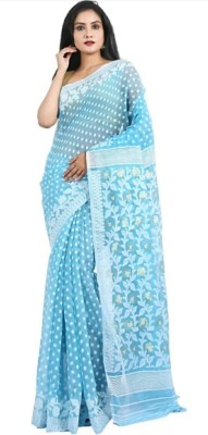 matri textile Woven Jamdani Cotton Silk Saree(Light Blue)