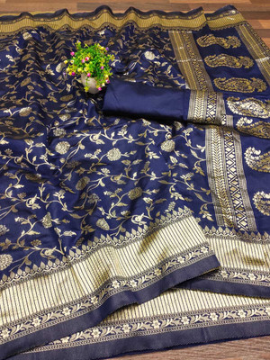 signagraph Floral Print Banarasi Muslin, Art Silk Saree(Dark Blue)