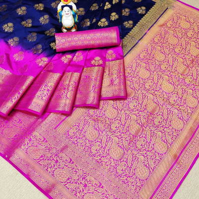 Divastri Woven Banarasi Pure Silk Saree(Blue, Pink)
