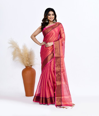 Houseofsprish Solid/Plain Handloom Tissue Saree(Orange)