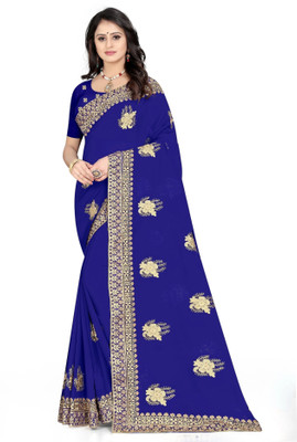 SAREEFLAME Embroidered, Embellished, Self Design, Temple Border, Hand Painted Daily Wear Art Silk, Silk Blend Saree(Light Blue)