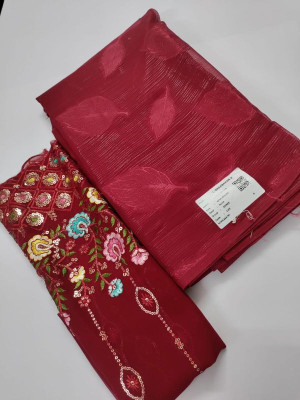 Aamya Enterprise Self Design, Woven, Embellished Bollywood Chiffon Saree(Red)