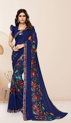 YASHIKA Floral Print Daily Wear Georgette Saree(Blue)