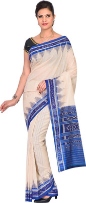 handloom paridhaan Self Design, Striped Sambalpuri Pure Cotton Saree(White)