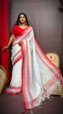 Fashion Max Checkered Handloom Cotton Blend Saree(White, Red)