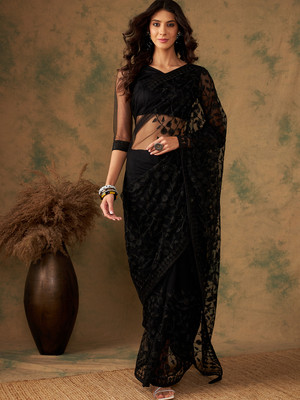 manvaa Embroidered Bollywood Net Saree(Black)