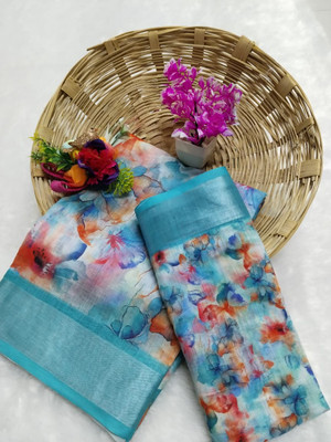 Gajal Floral Print Kanjivaram Pure Cotton, Cotton Linen Saree(Blue)