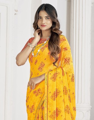 Siril Floral Print, Embellished, Printed Bollywood Chiffon Saree(Yellow, Orange)