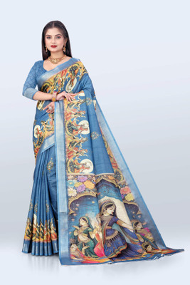 THEPRINTEMPIRE Printed Daily Wear Linen Saree(Blue)