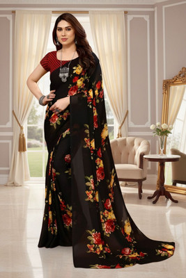 SmittenSmit Printed Bollywood Georgette Saree(Black)