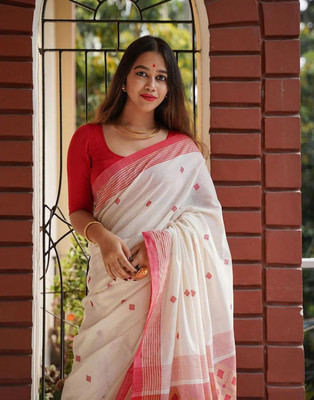 ZILVIRA Self Design, Woven Bollywood Cotton Linen, Cotton Jute Saree(White)