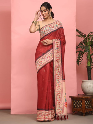 SILK ZONE Digital Print Chanderi Cotton Blend Saree(Red)
