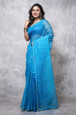MorChari Striped Daily Wear Organza Saree(Light Blue)