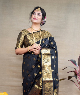 LEOSAGI Embellished, Woven, Self Design Kanjivaram Jacquard, Silk Blend Saree(Black)