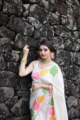 Rudr Ventures Embroidered Banarasi Cotton Silk Saree(White)