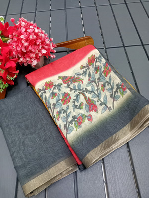 HouseOfCommon Printed, Floral Print Kanjivaram Linen, Cotton Linen Saree(Multicolor)