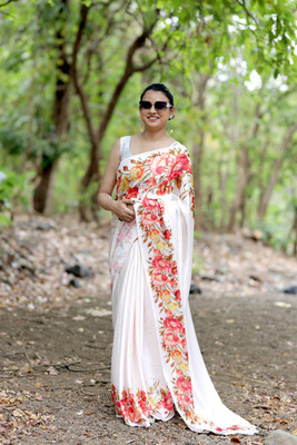 Margi Designers Floral Print, Printed Daily Wear Satin Saree(Pink)