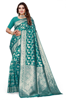 Owlsky Woven, Floral Print Kanjivaram Pure Silk, Art Silk Saree(Dark Green)