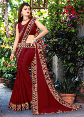 Suvali Fashion Solid/Plain Banarasi Lycra Blend, Chiffon Saree(Maroon)