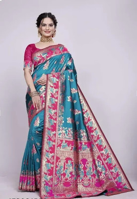 agb tex Woven Bollywood Jacquard Saree(Pink, Light Blue)