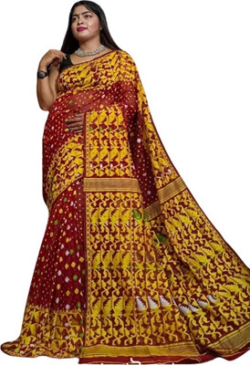 M STORE Woven Jamdani Cotton Silk Saree(Maroon)