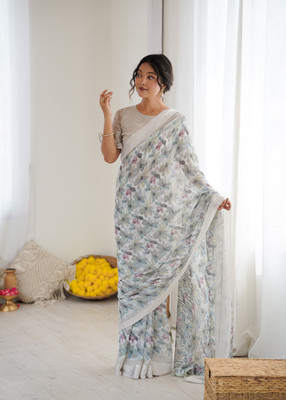 Margi Designers Printed Bollywood Satin Saree(Grey)