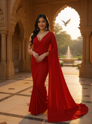 Moda Rapido Solid/Plain Bollywood Georgette Saree(Red)