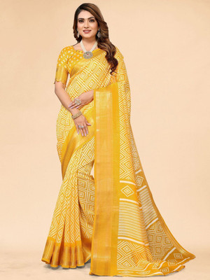 Moda Rapido Printed Bandhani Cotton Blend Saree(Yellow)