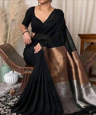 HouseOfCommon Solid/Plain Handloom Cotton Blend Saree(Black)