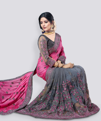 SLAVIA CREATION Embroidered Bollywood Net, Art Silk Saree(Black)