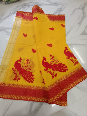 Happy Creation Printed Tant Handloom Cotton Blend Saree(Multicolor)