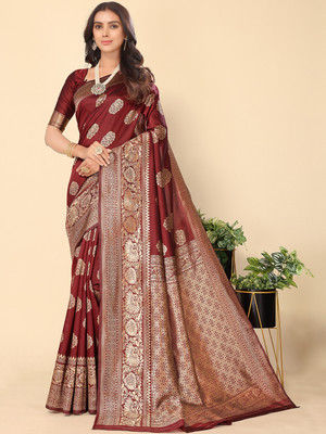 Leeza Store Self Design, Woven, Solid/Plain Banarasi Silk Blend, Cotton Blend Saree(Maroon)
