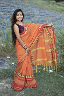 BongAp Temple Border, Woven Handloom Cotton Blend Saree(Multicolor)