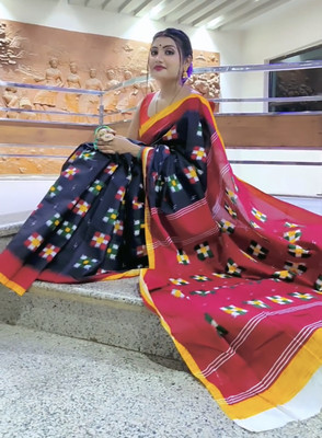 ETHNIC ODISHA HANDLOOM Printed, Digital Print Sambalpuri Pure Cotton Saree(Black)