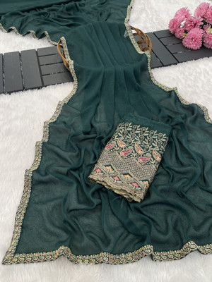 K 5 FASHION Embroidered, Solid/Plain Bollywood Chiffon Saree(Dark Blue)