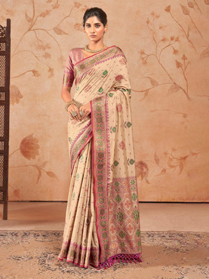 SWORNOF Solid/Plain, Printed Patola Silk Blend Saree(Multicolor)