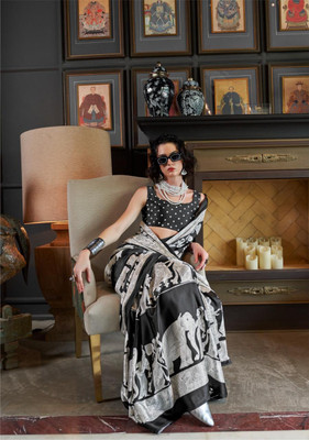 sareya veela Graphic Print Patola Satin, Crepe Saree(Black, White)