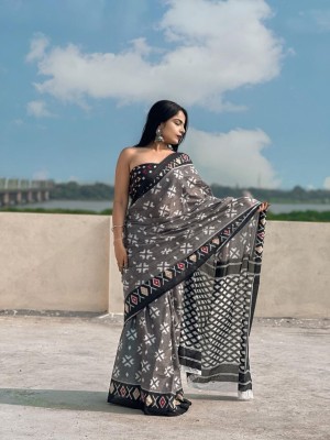 AANJANEY ENTERPRISE Printed Handloom Pure Cotton Saree(Grey)